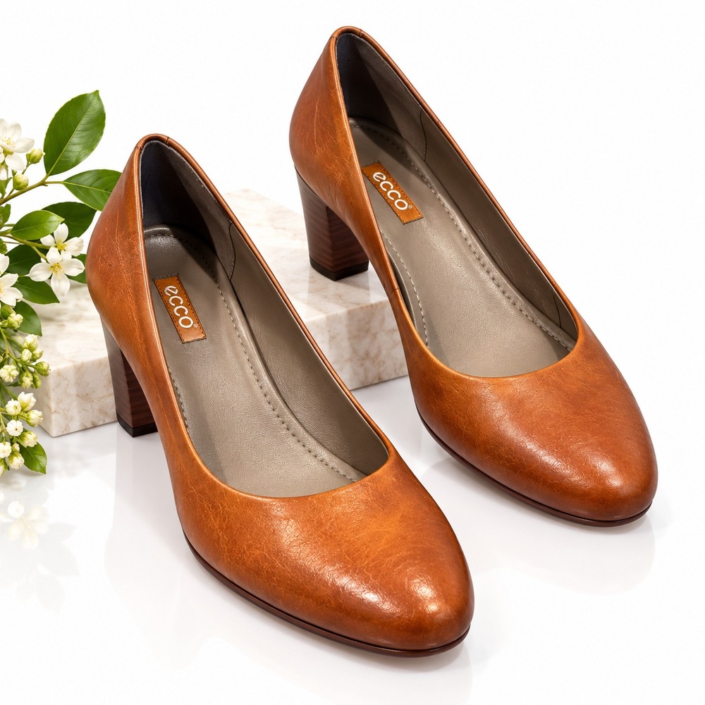 ECCO Pretoria Women's Comfort Low Heel Pump Picante Tan Leather Shoes EU Size 39